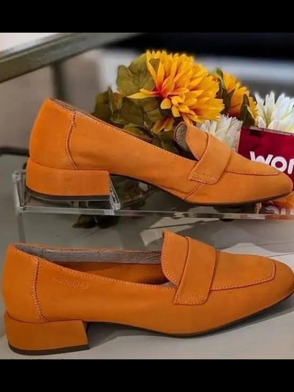 Women’s Orange Suede Penny Loafers with Low Block Heel